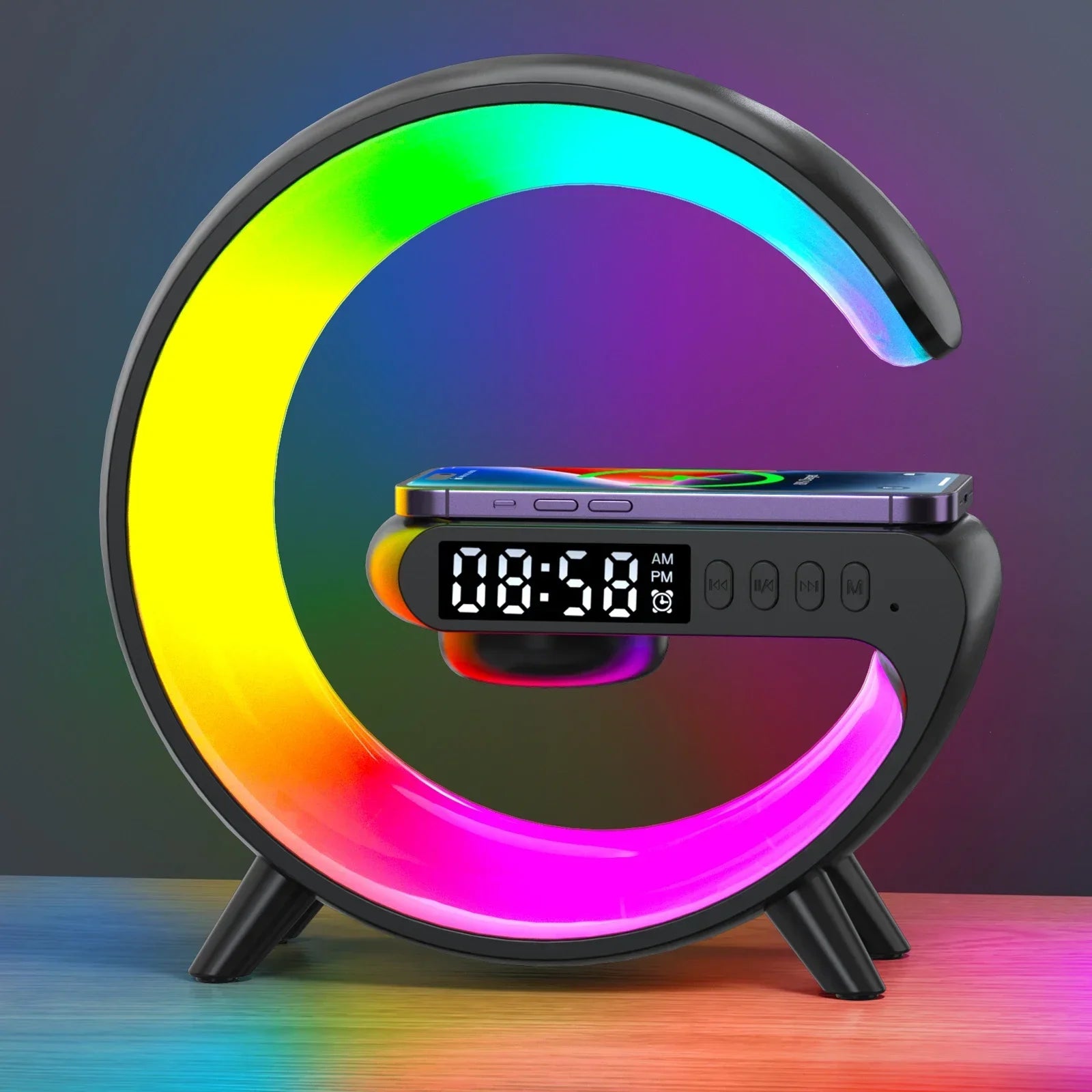 Universal RGB Charging Station LED Wireless Lamp Charger Alarm Clock Bluetooth Speaker | Charging Dock USB C Smartphones, Apple iPhone, Samsung, iOS & Android