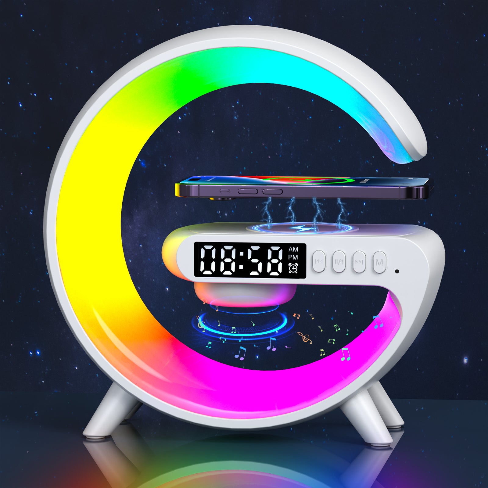 Universal RGB Charging Station LED Wireless Lamp Charger Alarm Clock Bluetooth Speaker | Charging Dock USB C Smartphones, Apple iPhone, Samsung, iOS & Android