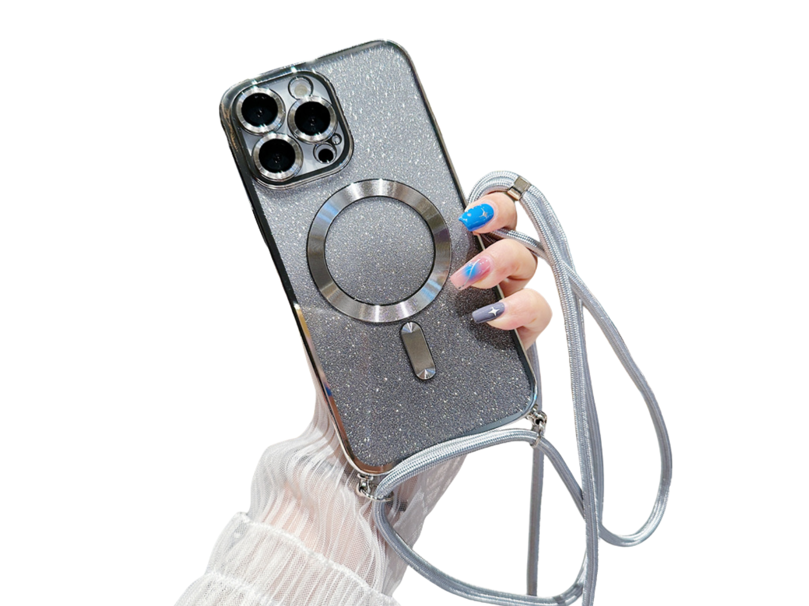 <tc>Luxury Crossbody Lanyard Gradient Glitter Magnetic Case iPhone Case | MagSafe Case with Camera Lens Protection Cover for Apple iPhone 17/17 Air/16/16e/15/14/13 Pro Max Plus | Armor Soft TPU Plating Phone Case | Premium Protection</tc>