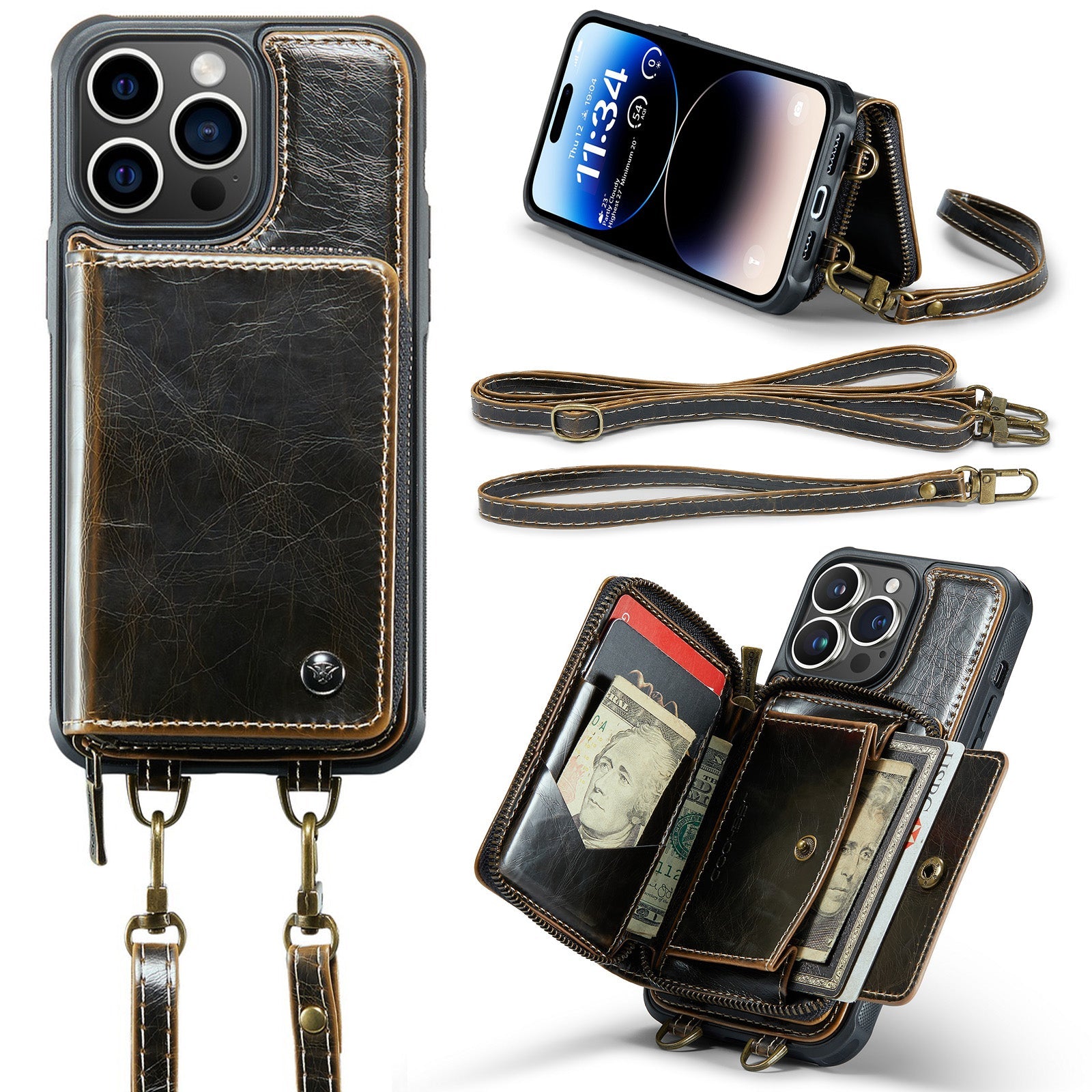 Luxury Leather Wallet Crossbody iPhone Case – Premium MagSafe phone chain & wallet case with card slot, stand function & strap, 360° shockproof protection, slim leather cover, keeps everything organized – perfect for outdoors & workdays