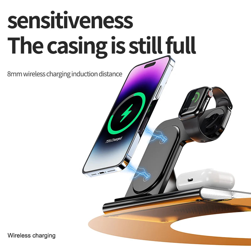 3 in 1 Wireless Fast Charging Station 30W Foldable Charger LED Stand: Charging Device MagSafe Docking Station for Smartphones, Apple iPhone, Samsung, iOS & Android Watch, AirPods