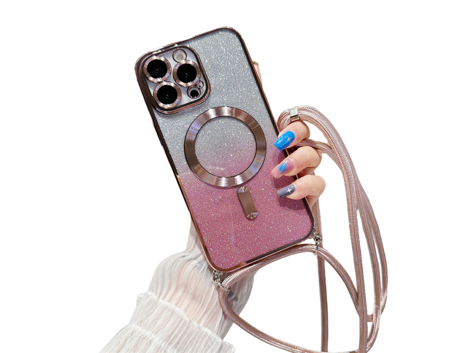 <tc>Luxury Crossbody Lanyard Gradient Glitter Magnetic Case iPhone Case | MagSafe Case with Camera Lens Protection Cover for Apple iPhone 17/17 Air/16/16e/15/14/13 Pro Max Plus | Armor Soft TPU Plating Phone Case | Premium Protection</tc>
