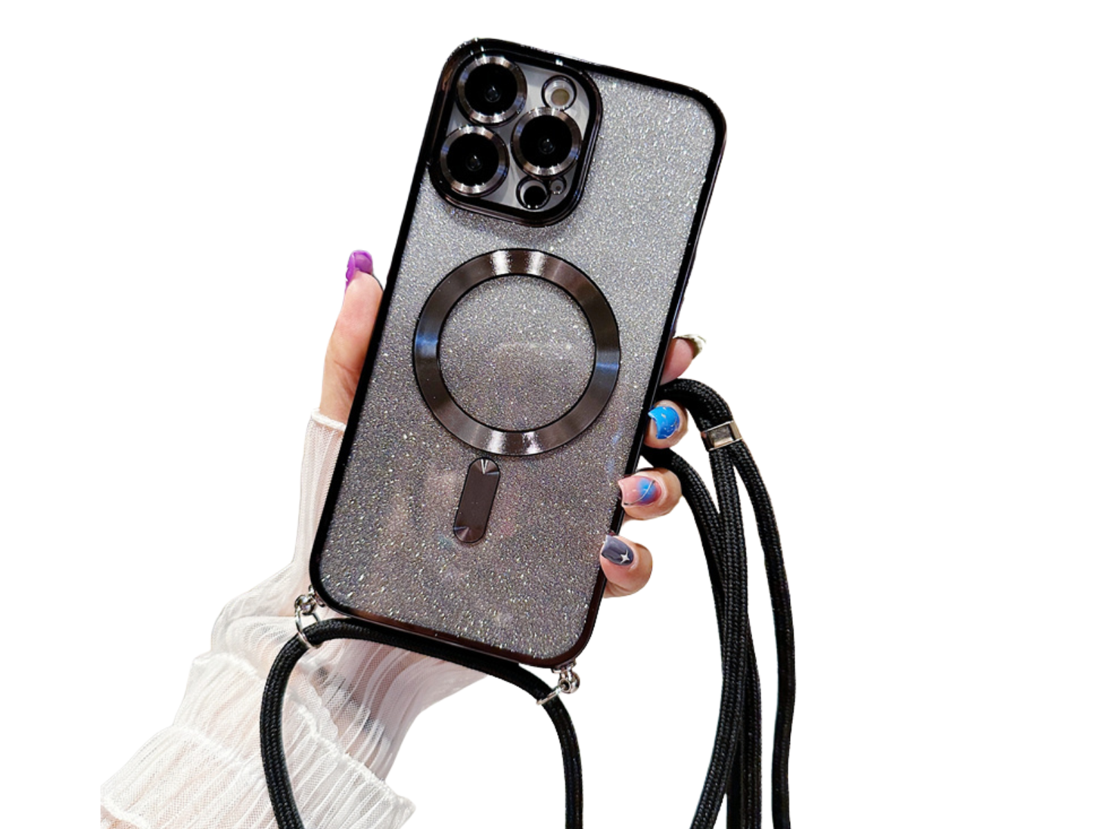<tc>Luxury Crossbody Lanyard Gradient Glitter Magnetic Case iPhone Case | MagSafe Case with Camera Lens Protection Cover for Apple iPhone 17/17 Air/16/16e/15/14/13 Pro Max Plus | Armor Soft TPU Plating Phone Case | Premium Protection</tc>