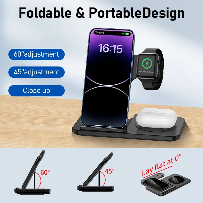 3 in 1 Wireless Fast Charging Station 30W Foldable Charger LED Stand: Charging Device MagSafe Docking Station for Smartphones, Apple iPhone, Samsung, iOS & Android Watch, AirPods