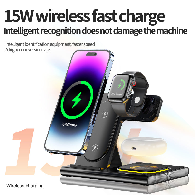 15w 3 in 1 Magnetic Wireless Charger Stand Pad for Smartphones, Apple iPhone, Samsung, iOS & Android Airpods Fast Charging Station
