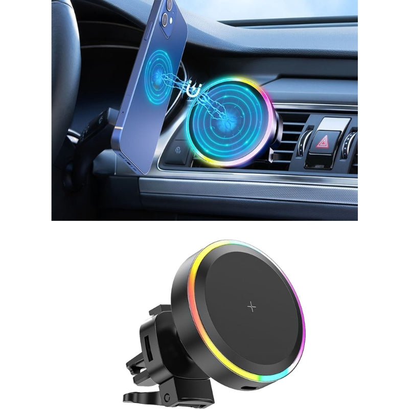 Premium RGB Magnetic Car Phone Holder and Qi 15W Wireless Charger for Smartphones, Apple iPhone, Samsung, iOS & Android | Universal Phone Holder & Charger