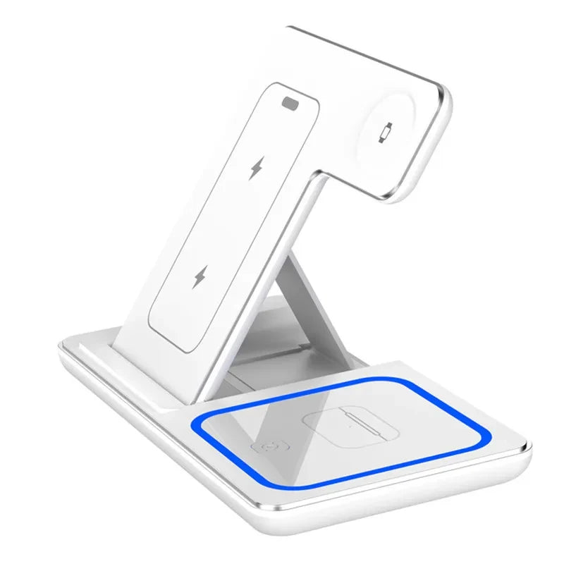 3 in 1 Wireless Fast Charging Station 30W Foldable Charger LED Stand: Charging Device MagSafe Docking Station for Smartphones, Apple iPhone, Samsung, iOS & Android Watch, AirPods