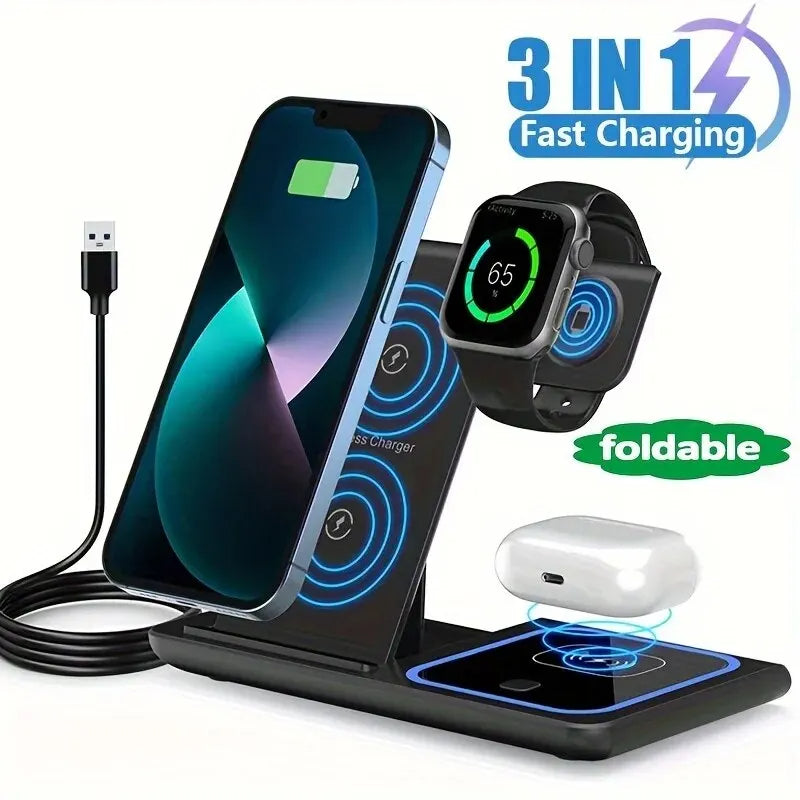 3 in 1 Wireless Fast Charging Station 30W Foldable Charger LED Stand: Charging Device MagSafe Docking Station for Smartphones, Apple iPhone, Samsung, iOS & Android Watch, AirPods