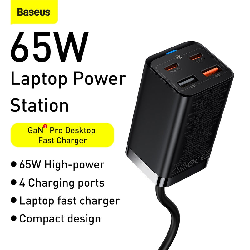 Premium 65W Gan Charger Desktop Fast Charger | 4-in-1 Laptop & Mobile Adapter for Smartphones, Apple iPhone, Samsung, iOS & Android - Fast Charging