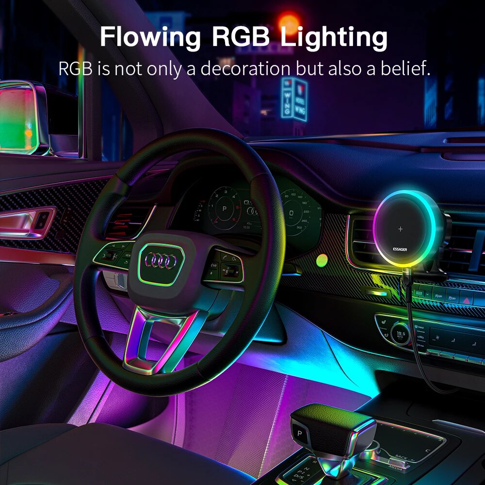 Premium RGB Magnetic Car Phone Holder and Qi 15W Wireless Charger for Smartphones, Apple iPhone, Samsung, iOS & Android | Universal Phone Holder & Charger
