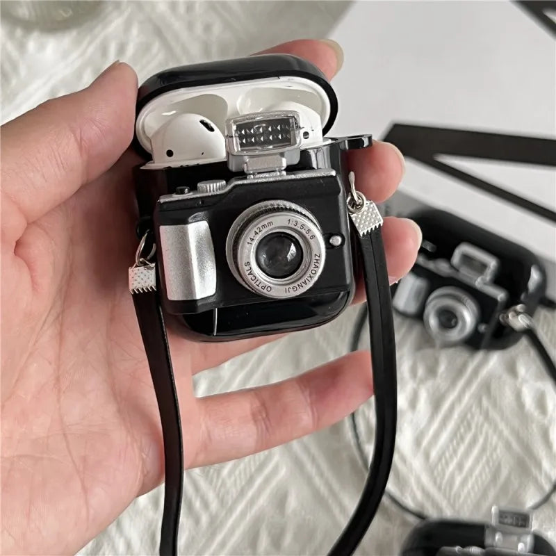 Premium Retro Camera-Design Headphone Case with Light Flash for Apple AirPods 4/3/2/1 and Pro Series 2024/2022/2021/2019/2016 & Pro: Soft Silicone Protective Case with Strap - Stylish and Protective Case for 3rd Generation AirPods