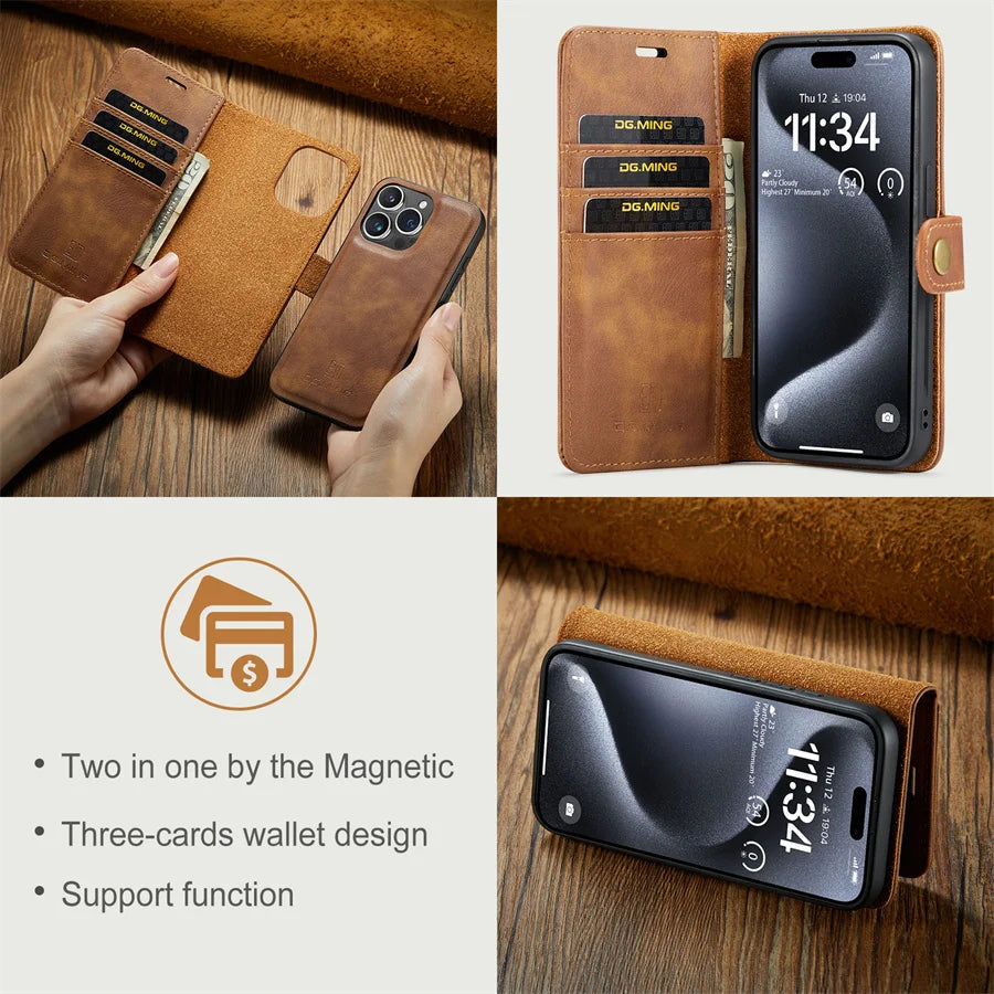 High-Quality Detachable Magnetic Leather iPhone Case | MagSafe Case with Wallet & Card Holder for Apple iPhone 16/15/14/13/12 Pro Max, Plus, Mini - 360-Degree Protection Cover with Camera Lens Protection | Armor Case & Wallet Protective Cover