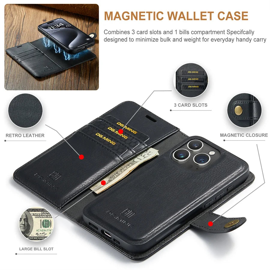 High-Quality Detachable Magnetic Leather iPhone Case | MagSafe Case with Wallet & Card Holder for Apple iPhone 16/15/14/13/12 Pro Max, Plus, Mini - 360-Degree Protection Cover with Camera Lens Protection | Armor Case & Wallet Protective Cover