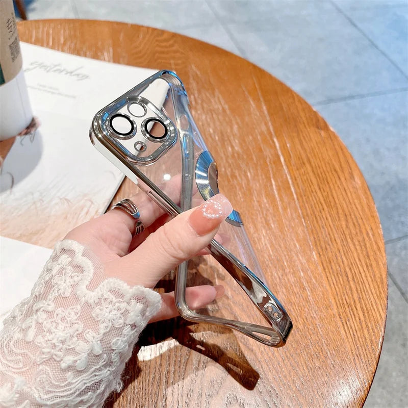 Luxury Apple iPhone Case | MagSafe Compatible, Camera Lens Protection, Screen Protection | Ultra Thin, Shockproof, Magnetic, Full All-Around Protection Cover – Crystal Clear Glass, Plated Edges, Silicone Design, Durable & Elegant