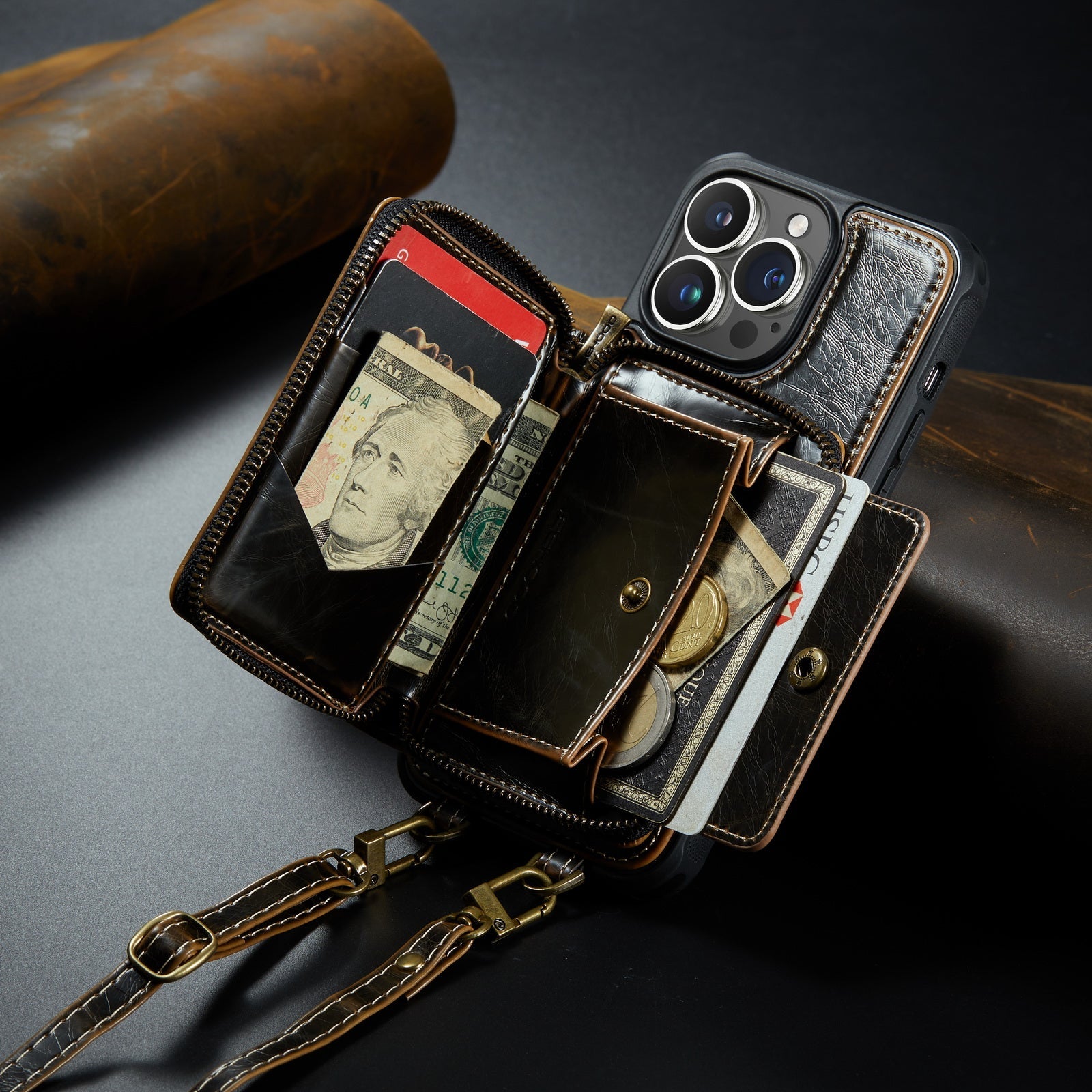 Luxury Leather Wallet Crossbody iPhone Case – Premium MagSafe phone chain & wallet case with card slot, stand function & strap, 360° shockproof protection, slim leather cover, keeps everything organized – perfect for outdoors & workdays