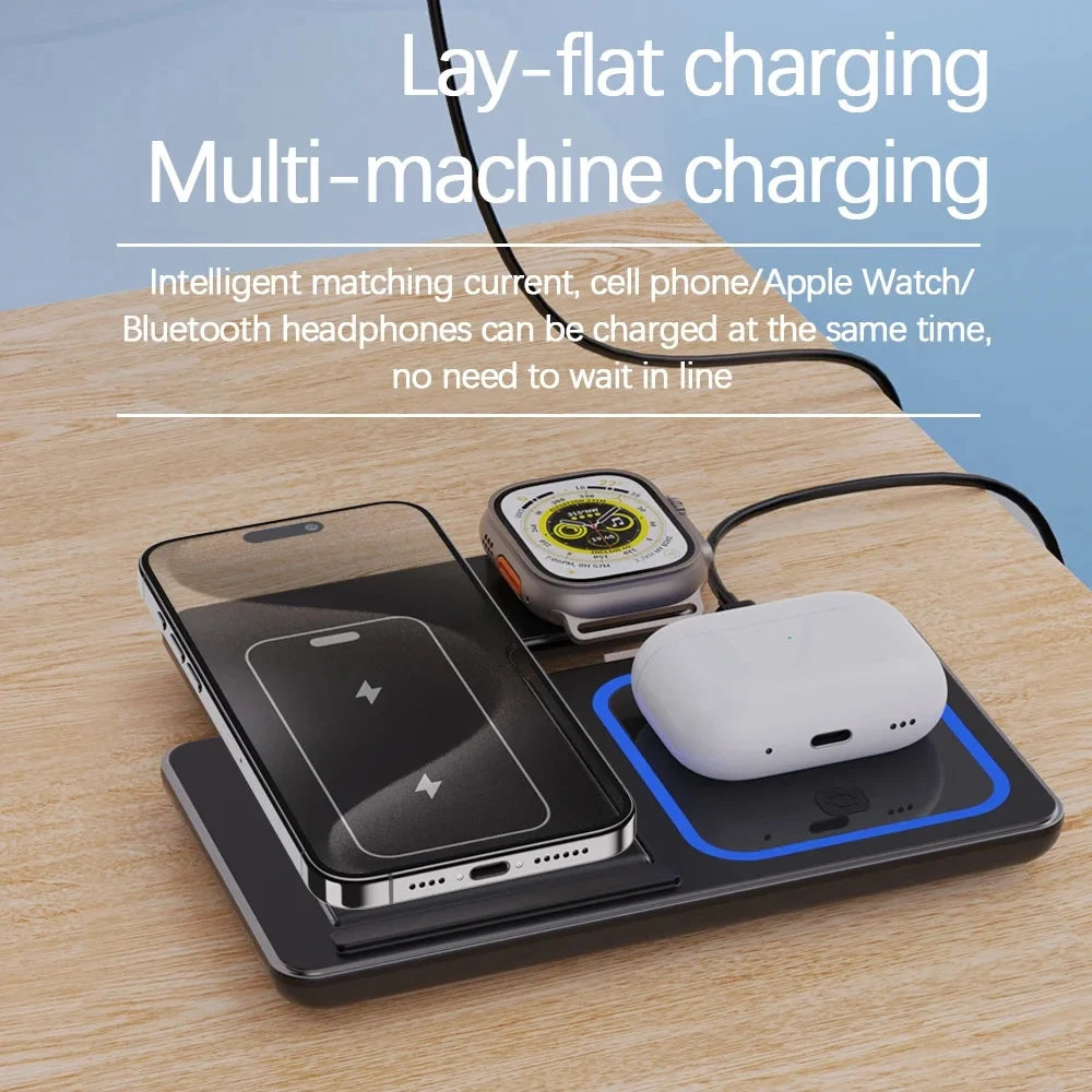 3 in 1 Wireless Fast Charging Station 30W Foldable Charger LED Stand: Charging Device MagSafe Docking Station for Smartphones, Apple iPhone, Samsung, iOS & Android Watch, AirPods