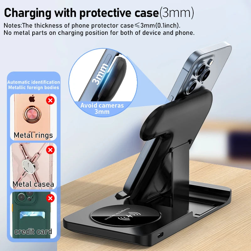 3 in 1 Wireless Fast Charging Station 30W Foldable Charger LED Stand: Charging Device MagSafe Docking Station for Smartphones, Apple iPhone, Samsung, iOS & Android Watch, AirPods