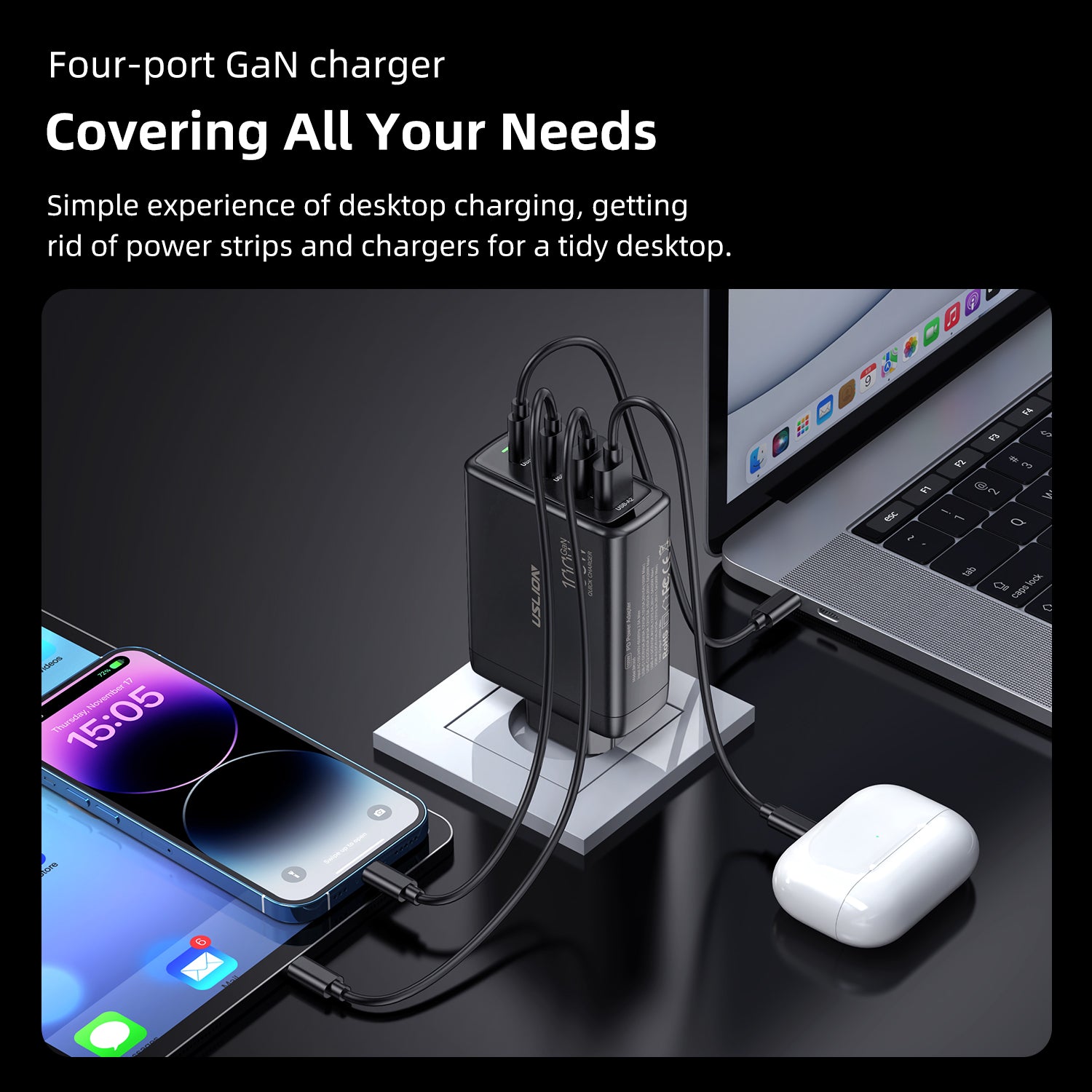 Premium 65W Gan Charger Desktop Fast Charger | 4-in-1 Laptop & Mobile Adapter for Smartphones, Apple iPhone, Samsung, iOS & Android - Fast Charging