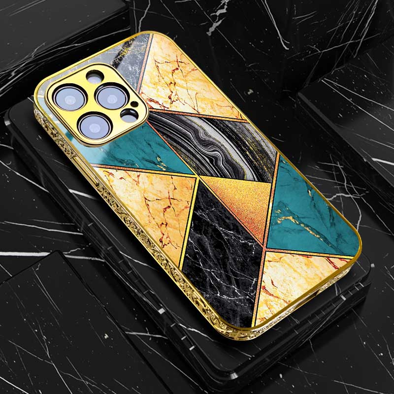 Premium Goldenes Kunst Marmor Design Stoßfeste Gold Hülle | MagSafe, Abdeckung iPhone 15/14/13/12/11 Pro Max | Grünes Blau