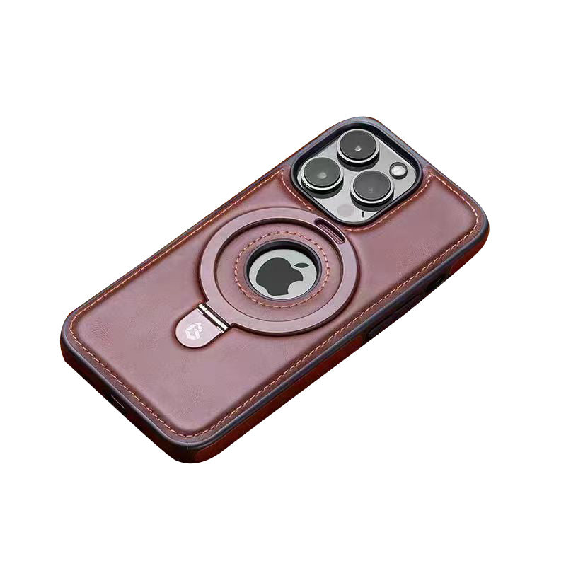 Premium Leather iPhone Case with Magnetic Ring Stand: 360-Degree Rotating Gyro Stand Function & Foldable Holder | MagSafe Case with 360-Degree Camera Lens Protection for Apple iPhone 16/16e, 15, 14, 13, 12 Pro Max, Pro, Plus, Mini Armor Protectiv Cover