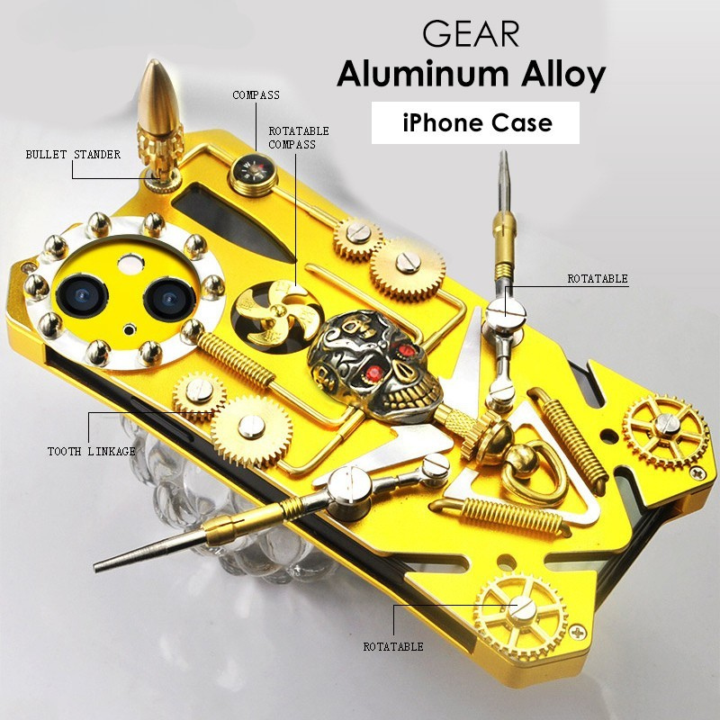Premium Mechanical Gaming Design: Shockproof Metal iPhone Case with Gear Stand and MagSafe | Aluminum Cooling, Skull Compass Cover for Apple iPhone 16/15/14/13/12 Pro Max, Pro, Plus, e & Mini | 360-Degree All Around Camera Lens Protection