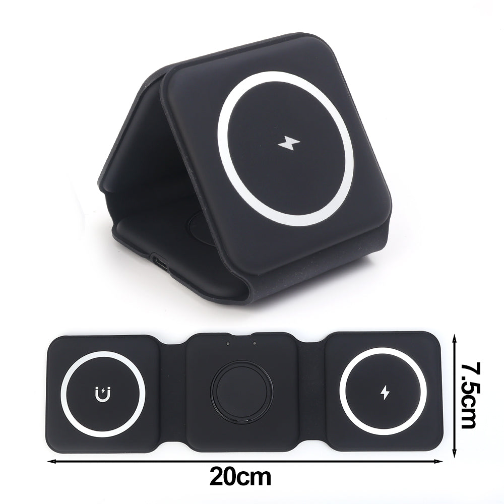 3-in-1 Foldable Fast Charging Station, Double Magnetic 15W Wireless Charger MagSafe | Portable Docking Station for Smartphones, Apple iPhone, Samsung, iOS & Android, AirPods, Watch