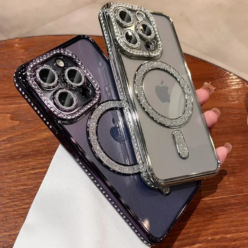 Premium Luxuriöses Rosa Diamant-Glitzer Klarlack-Handyhülle Hülle, MagSafe, Abdeckung,| Apple iPhone 15/11/12/13/14 Pro Max Plus - MagSafe, Magnetische Drahtlose Ladeabdeckung - Phone Heaven Zone