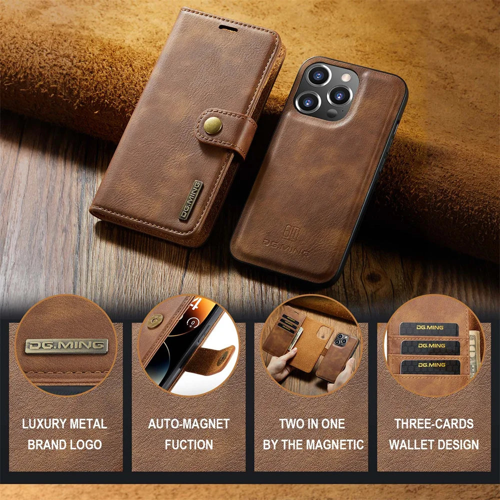 High-Quality Detachable Magnetic Leather iPhone Case | MagSafe Case with Wallet & Card Holder for Apple iPhone 16/15/14/13/12 Pro Max, Plus, Mini - 360-Degree Protection Cover with Camera Lens Protection | Armor Case & Wallet Protective Cover