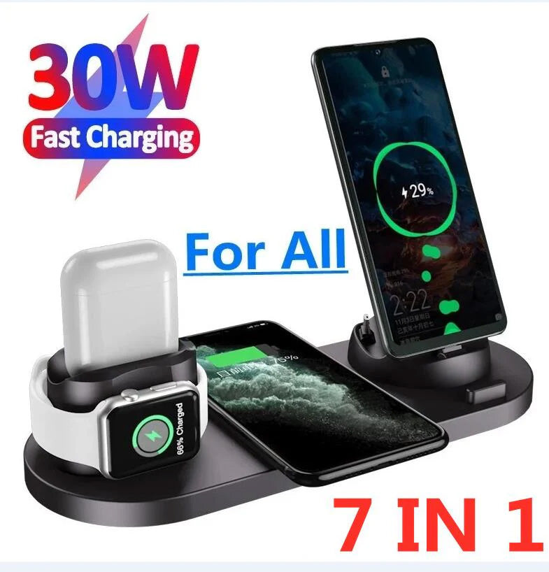7-in-1 Charging Station Fast Wireless Charger | Fast Charging Dock 30W USB Type C Apple Watch, AirPods, Smartphones, Apple iPhone, Samsung, iOS & Android Fast Charger