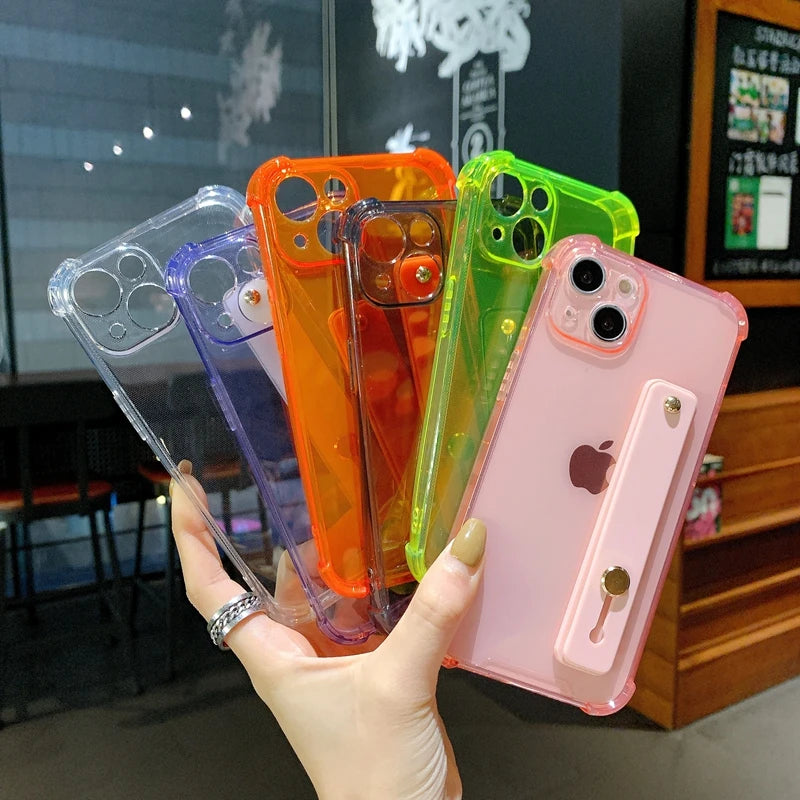 Premium Transparent Candy-Color For Apple iPhone 16/15/14/13/12 Pro Max Plus Mini Case | Wrist Strap Phone Holder Clear Soft-Silicone Apple iPhone Case