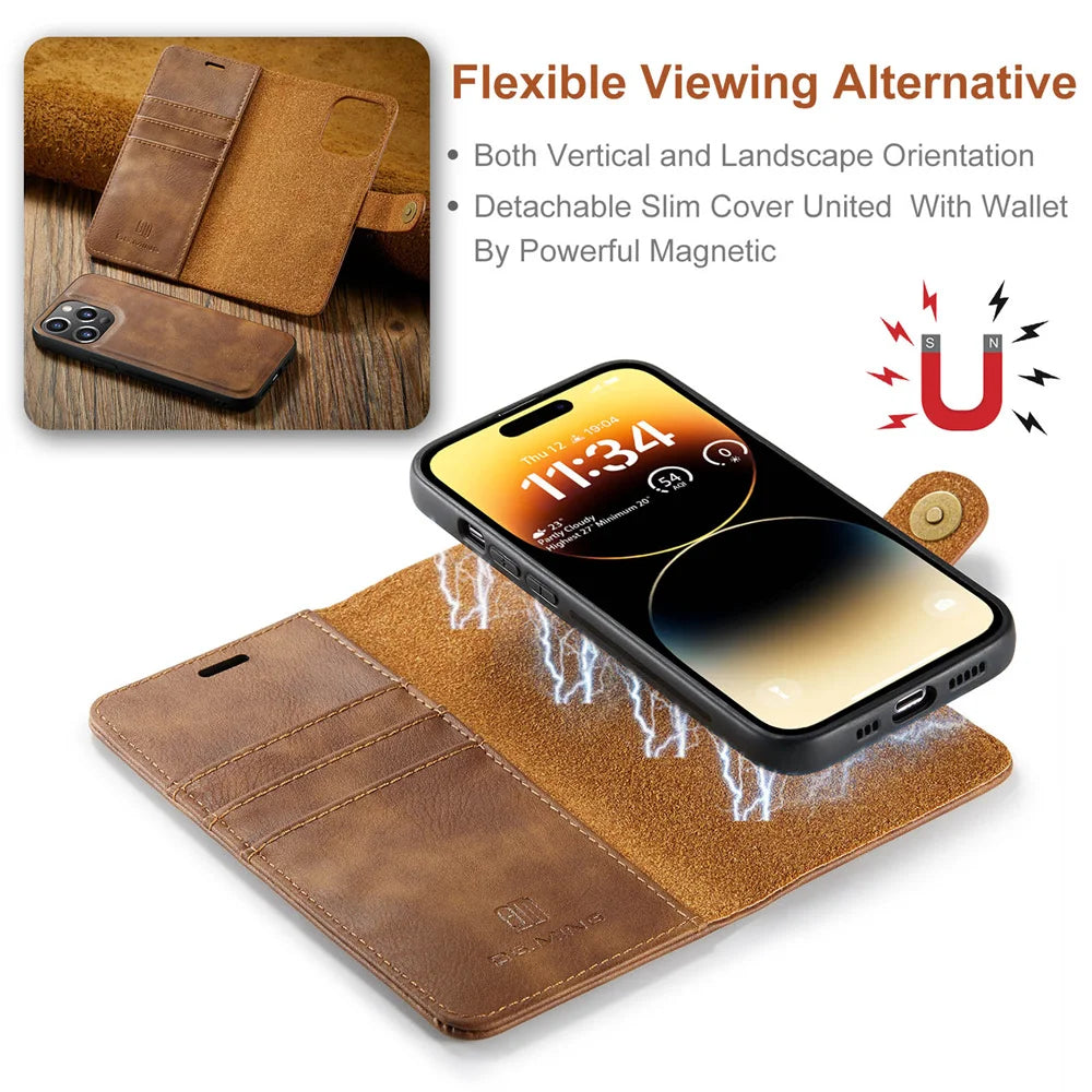 High-Quality Detachable Magnetic Leather iPhone Case | MagSafe Case with Wallet & Card Holder for Apple iPhone 16/15/14/13/12 Pro Max, Plus, Mini - 360-Degree Protection Cover with Camera Lens Protection | Armor Case & Wallet Protective Cover