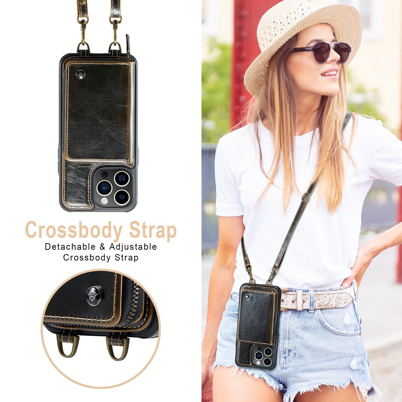 Luxury Leather Wallet Crossbody iPhone Case – Premium MagSafe phone chain & wallet case with card slot, stand function & strap, 360° shockproof protection, slim leather cover, keeps everything organized – perfect for outdoors & workdays