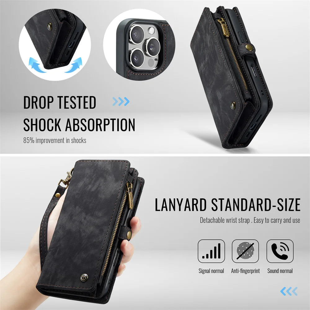 High-Quality 2-in-1 Detachable Leather Wallet Flip Stand iPhone Case | MagSafe Compatible with Full Protection and Camera Lens Cover for Apple iPhone 16/15/14/13/12 Pro Max Plus Mini | Armor Protective Wallet Case