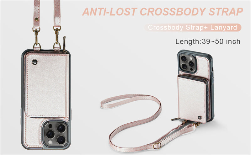 Luxury Leather Wallet Crossbody iPhone Case – Premium MagSafe phone chain & wallet case with card slot, stand function & strap, 360° shockproof protection, slim leather cover, keeps everything organized – perfect for outdoors & workdays