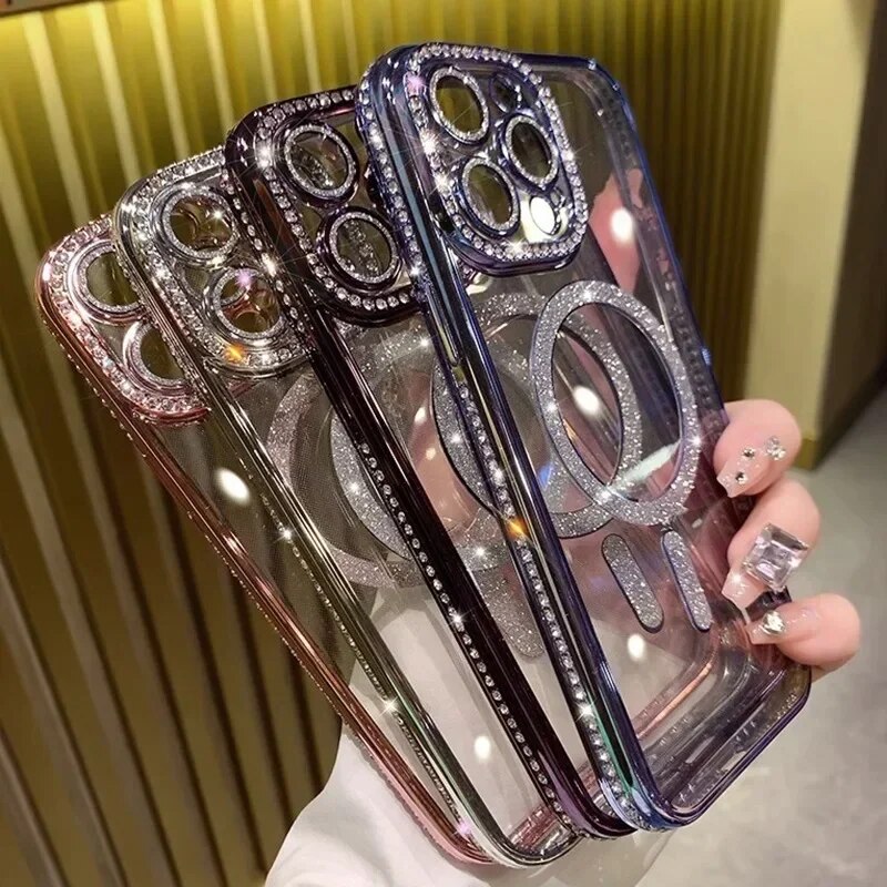 Premium Luxuriöses Rosa Diamant-Glitzer Klarlack-Handyhülle Hülle, MagSafe, Abdeckung,| Apple iPhone 15/11/12/13/14 Pro Max Plus - MagSafe, Magnetische Drahtlose Ladeabdeckung - Phone Heaven Zone