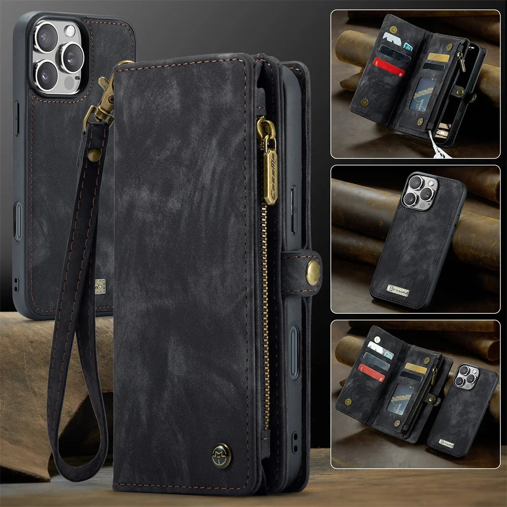 High-Quality 2-in-1 Detachable Leather Wallet Flip Stand iPhone Case | MagSafe Compatible with Full Protection and Camera Lens Cover for Apple iPhone 16/15/14/13/12 Pro Max Plus Mini | Armor Protective Wallet Case