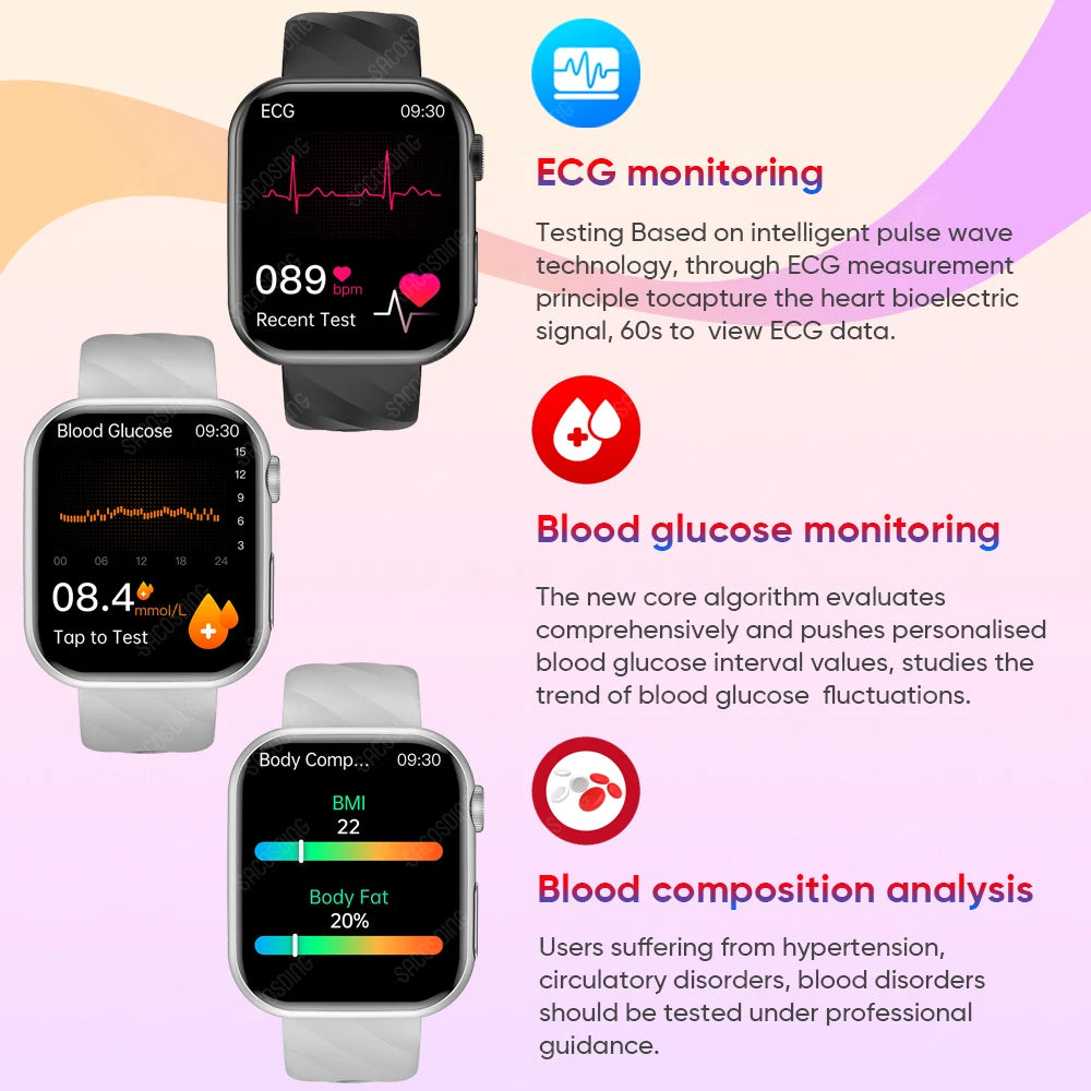 Premium Blood Glucose Smartwatch for Men and Women: AI Voice Assistant, Bluetooth Calling, Infrared SpO2 Sensor, Health Monitoring, ECG, PPG, Sleep, Heart Rate Monitor, Waterproof Fitness Tracker, Full Touch, Long Battery: iOS & Android Devices – Unisex