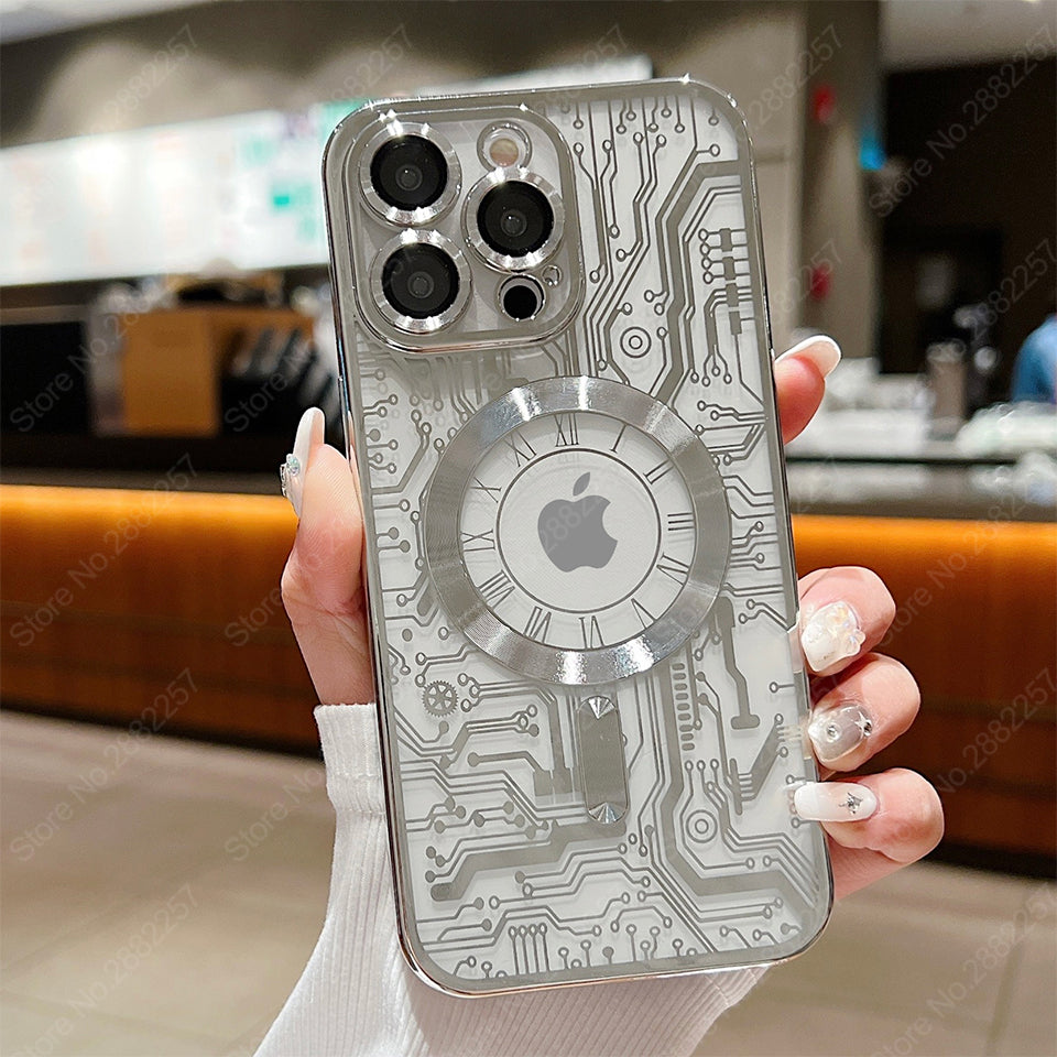 Premium Mechanical Watch Texture Design Magnetic MagSafe Transparent iPhone Case | 360-Degree Protection & Camera Lens Protection Case for Apple iPhone 16/15/14/13/12 Pro Max, Pro, Plus, e & Mini Cover | Shockproof Phone Case with Armor Shell Bumper Cover