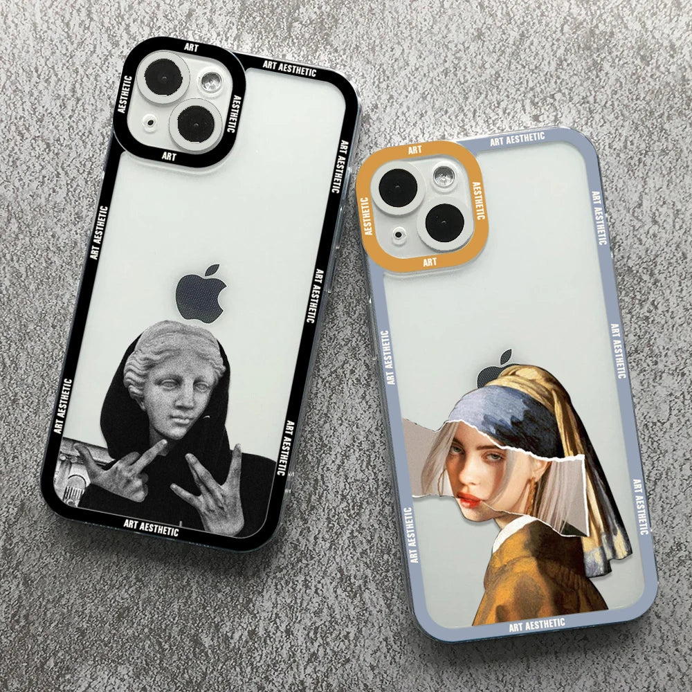 Premium Artistic Aesthetic History Design: 'David & Mona Lisa' Clear iPhone Case | MagSafe Case 360-Degree Prtection & Camera Lens Cover for Apple iPhone 16/15/14/13/12 Pro Max, Pro, Plus, e & Mini Cover | Shockproof Phone Case with Armor & Bumper