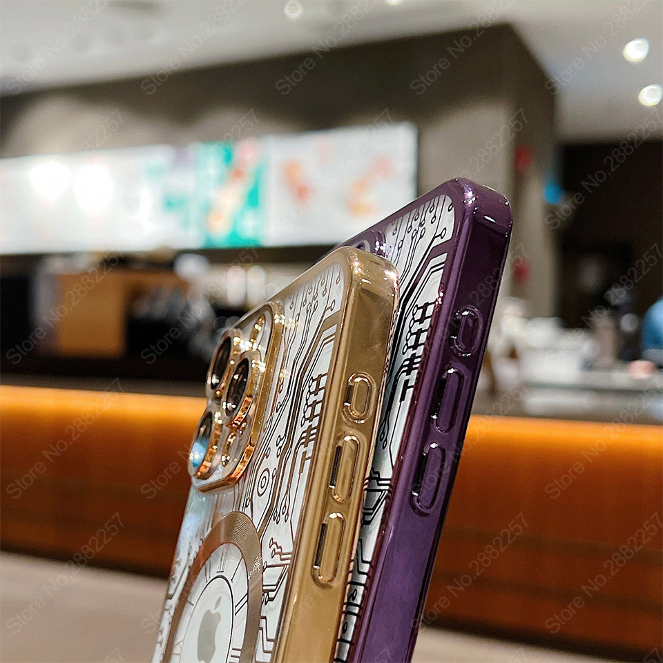 Premium Mechanical Watch Texture Design Magnetic MagSafe Transparent iPhone Case | 360-Degree Protection & Camera Lens Protection Case for Apple iPhone 16/15/14/13/12 Pro Max, Pro, Plus, e & Mini Cover | Shockproof Phone Case with Armor Shell Bumper Cover