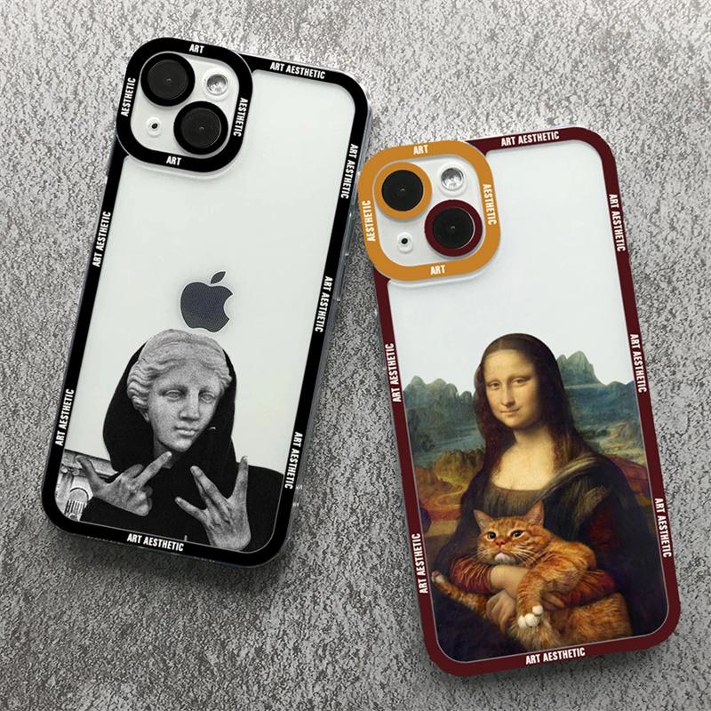 Premium Artistic Aesthetic History Design: 'David & Mona Lisa' Clear iPhone Case | MagSafe Case 360-Degree Prtection & Camera Lens Cover for Apple iPhone 16/15/14/13/12 Pro Max, Pro, Plus, e & Mini Cover | Shockproof Phone Case with Armor & Bumper