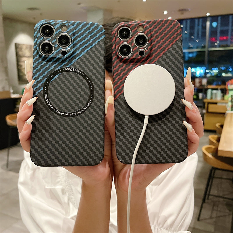 Luxury Ultra-Thin Carbon Fiber iPhone Case | MagSafe Case with 360-Degree Protection & Camera Lens Protection for Apple iPhone 16/15/14/13/12 Pro Max, Pro, Plus, e & Mini Cover | Shockproof Phone Case with Armor Shell & Bumper Cover