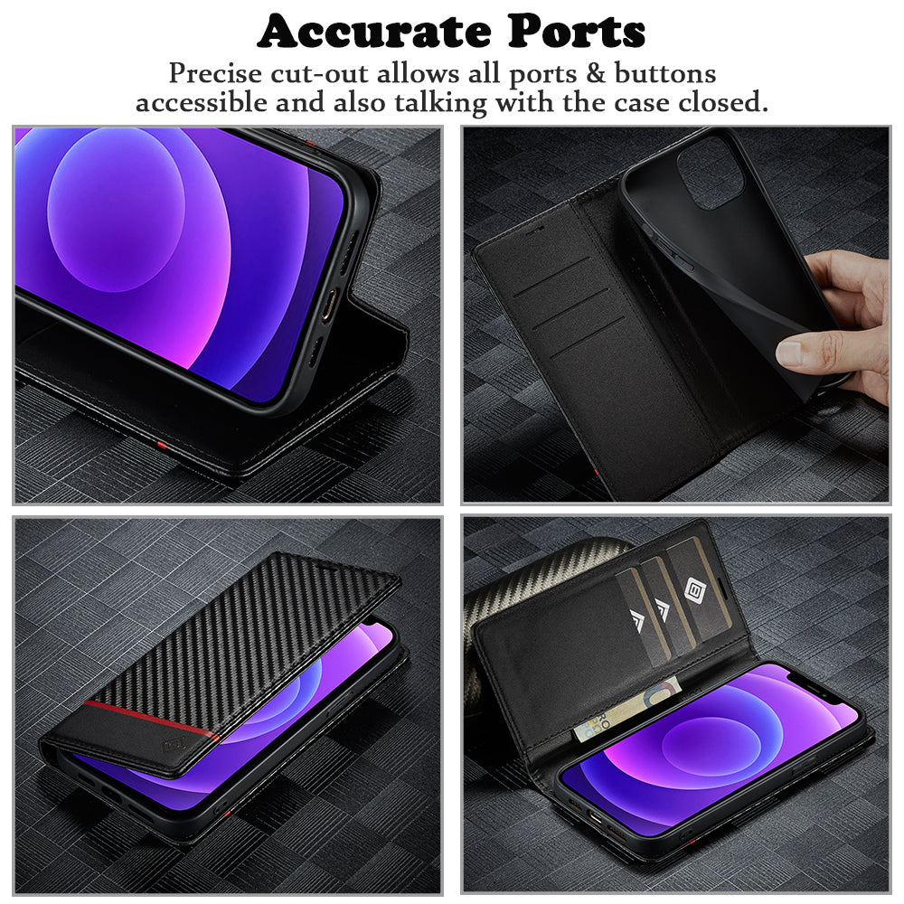 Premium Carbon Fiber Leather Wallet | Magnetic Flip Book Cover iPhone Case | MagSafe Case with Card Holder, Stand, and Wallet Function for Apple iPhone 16/15/14/13/12 Pro Max, Plus, Mini - Versatile Protective Cover
