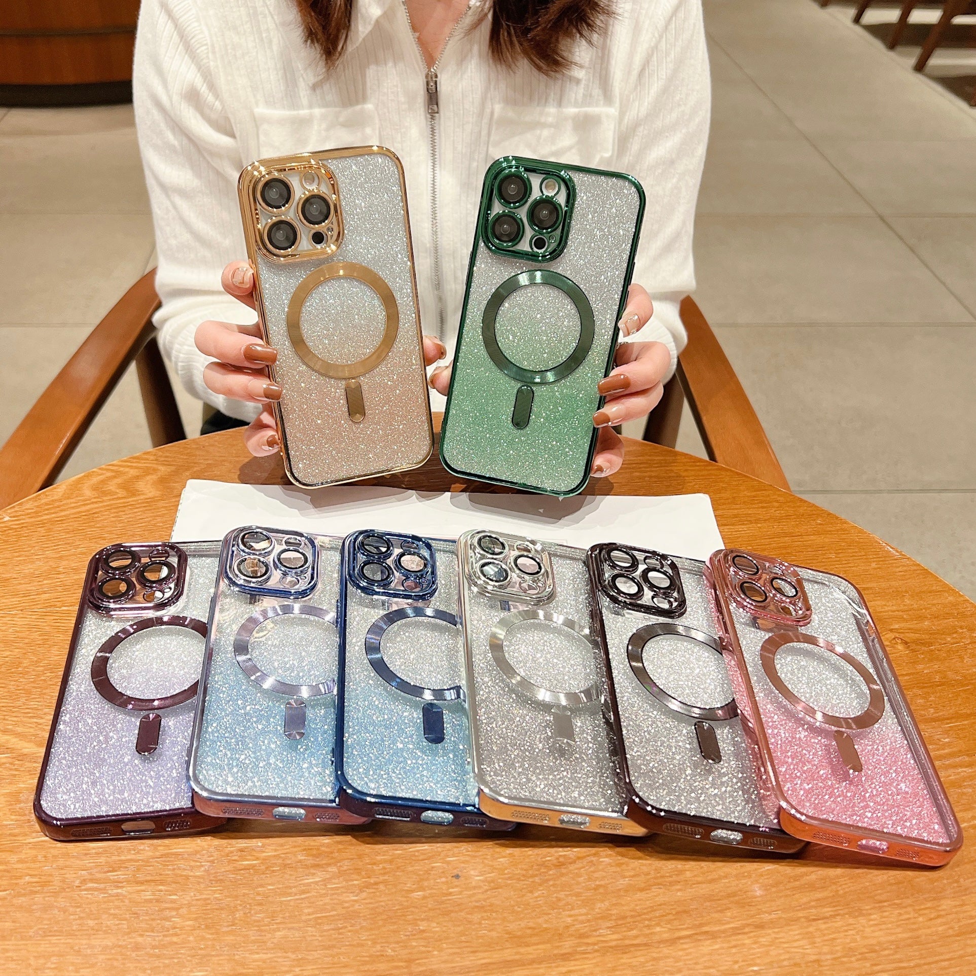 <tc>Luxury Crossbody Lanyard Gradient Glitter Magnetic Case iPhone Case | MagSafe Case with Camera Lens Protection Cover for Apple iPhone 17/17 Air/16/16e/15/14/13 Pro Max Plus | Armor Soft TPU Plating Phone Case | Premium Protection</tc>