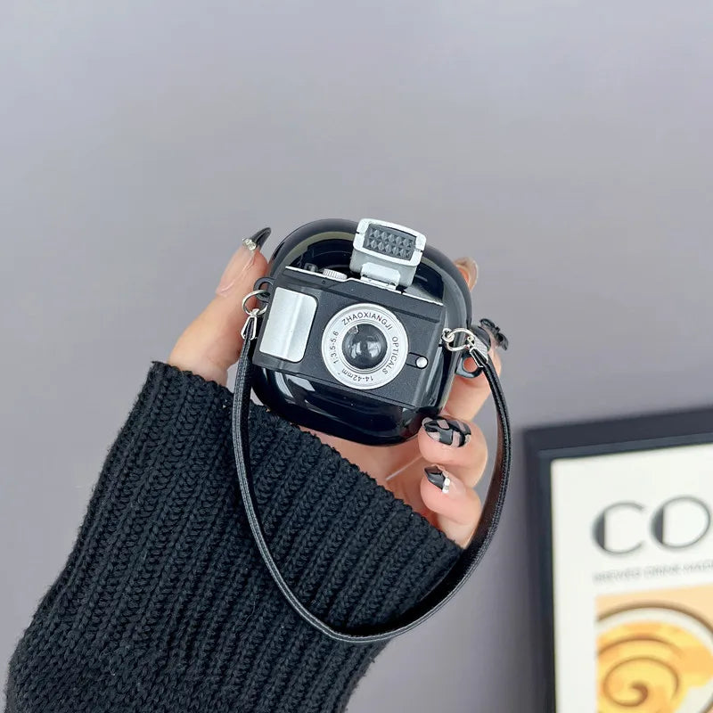 Premium Retro Camera-Design Headphone Case with Light Flash for Apple AirPods 4/3/2/1 and Pro Series 2024/2022/2021/2019/2016 & Pro: Soft Silicone Protective Case with Strap - Stylish and Protective Case for 3rd Generation AirPods