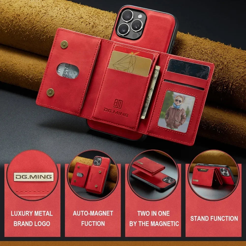 Premium Leather Magnetic Wallet with Card Holder iPhone Case | MagSafe Case for Apple iPhone 16/15/14/13/12 Pro Max, Plus, Mini - 360-Degree Protection Cover with Camera Lens Protection | Armor Phone Case | Wallet Protective Cover