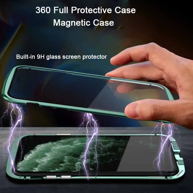 High-Quality iPhone Case: Metal Frame and Double-Sided Glass | MagSafe-Compatible, Magnetic Adsorption for 360° Full Protection Case | Shockproof Glass Lens Camera Protection Armor | Cover for Apple iPhone 16/16e, 15, 14, 13, 12 Pro Max, Pro, Plus & Mini