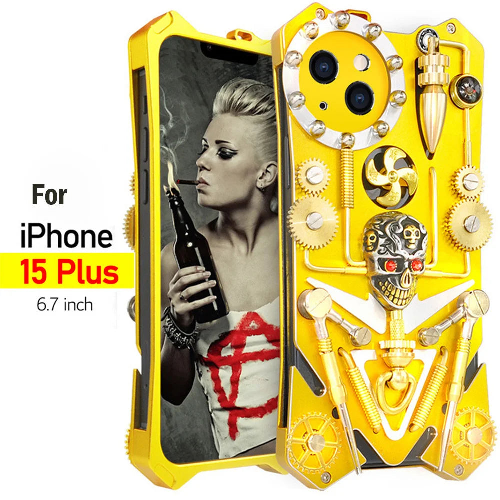 Premium Mechanical Gaming Design: Shockproof Metal iPhone Case with Gear Stand and MagSafe | Aluminum Cooling, Skull Compass Cover for Apple iPhone 16/15/14/13/12 Pro Max, Pro, Plus, e & Mini | 360-Degree All Around Camera Lens Protection