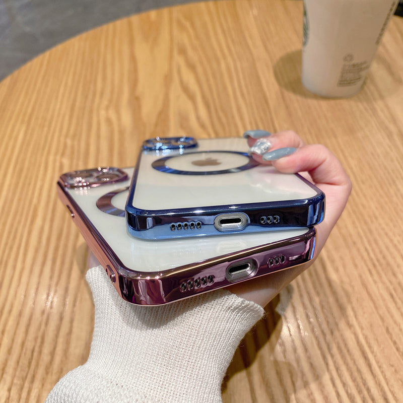 Luxury Apple iPhone Case | MagSafe Compatible, Camera Lens Protection, Screen Protection | Ultra Thin, Shockproof, Magnetic, Full All-Around Protection Cover – Crystal Clear Glass, Plated Edges, Silicone Design, Durable & Elegant