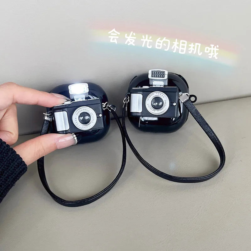 Premium Retro Camera-Design Headphone Case with Light Flash for Apple AirPods 4/3/2/1 and Pro Series 2024/2022/2021/2019/2016 & Pro: Soft Silicone Protective Case with Strap - Stylish and Protective Case for 3rd Generation AirPods